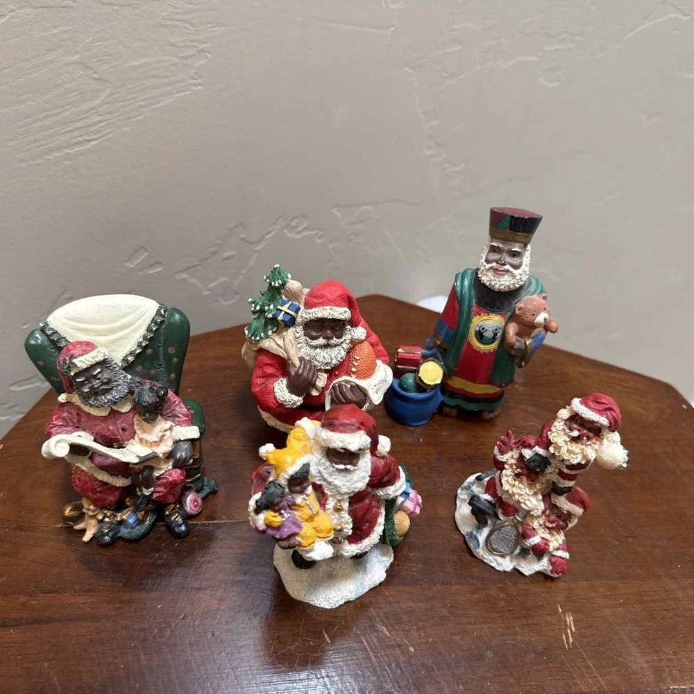 Vintage African American Black Santa Claus Resin Figurine Lot of 5 Christmas